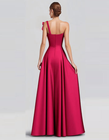 Robe longue formelle en satin a-trapèze à nœud d’épaule fuchsia